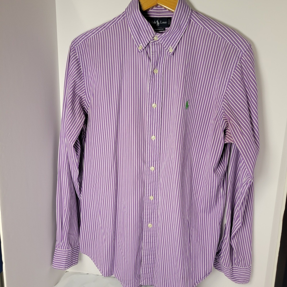 Ralph Lauren Classic Fit Mens Purple White Striped Button Down Shirt Medium